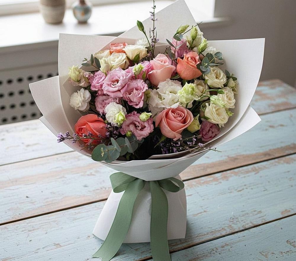 Букет цветов из: Розы, Лизиантусы и Гвоздики в Кратово